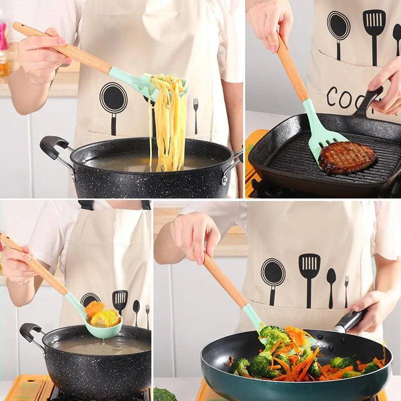 12Pcs/Set Wooden Handle Silicone Kitchen Utensils With Storage Bucket High Temperature Resistant And Non Stick Pot Spatula Spoon - megapoint.com