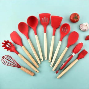 12Pcs/Set Wooden Handle Silicone Kitchen Utensils With Storage Bucket High Temperature Resistant And Non Stick Pot Spatula Spoon - megapoint.com